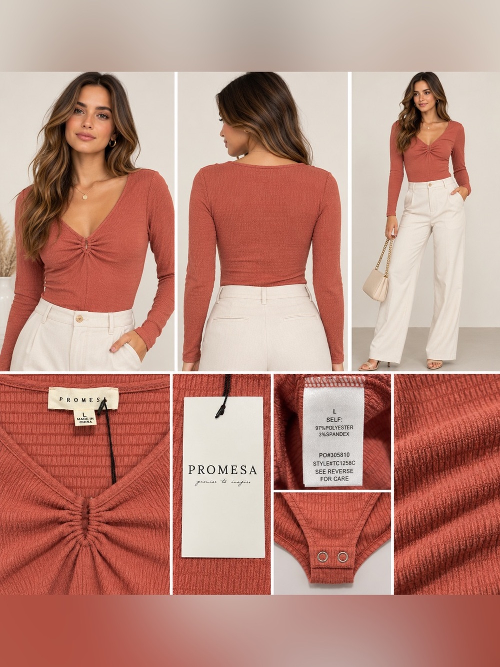 Promesa Rust Ruched V-Neck Long Sleeve Bodysuit Size L NWT